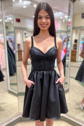 Black Homecoming Dress Beaded A-Line Corset Short Prom Dress with Pockets